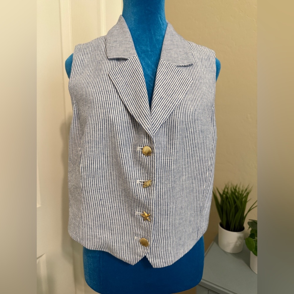 Rachel Zoe Blue and White Striped Vest with Gold Accents